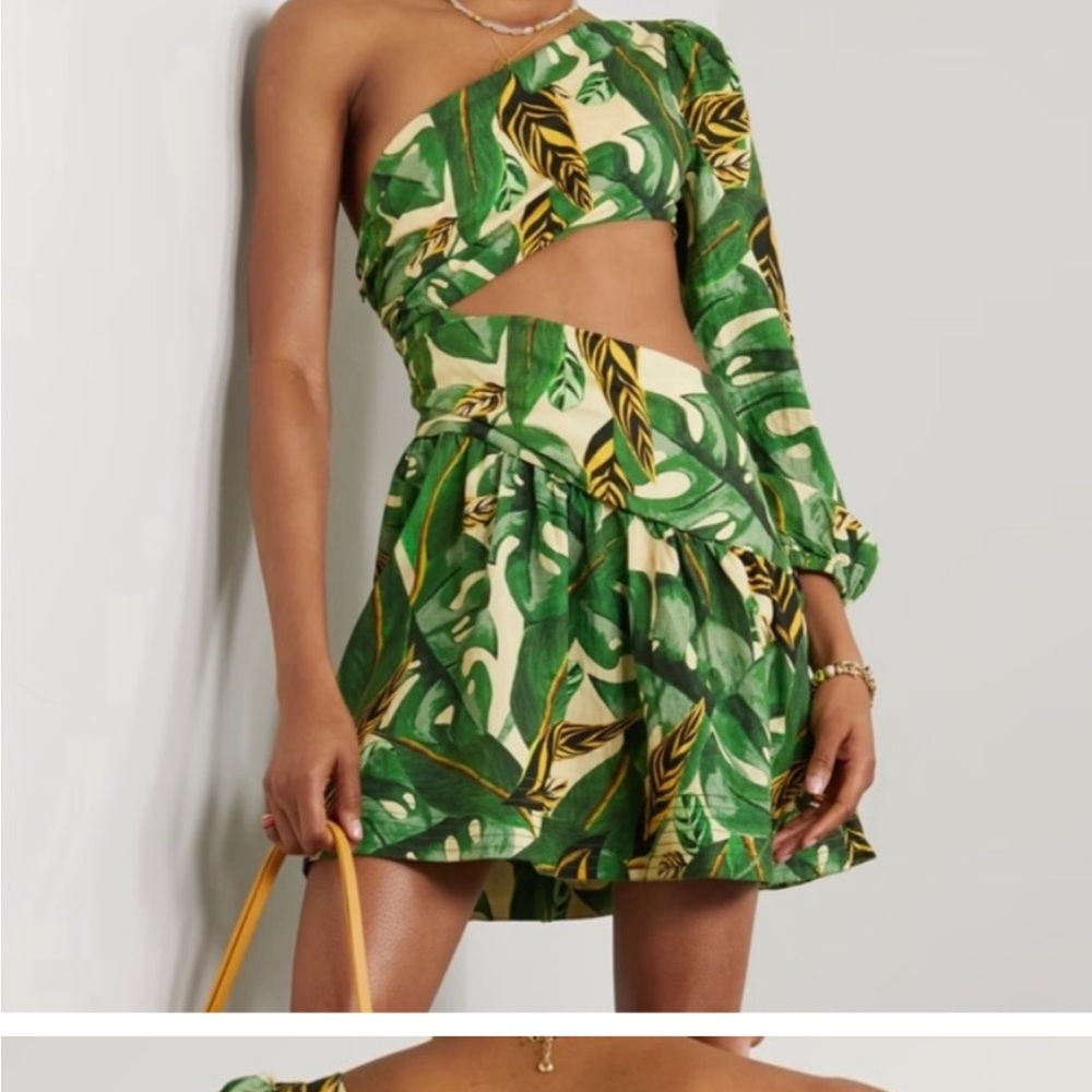 Green Leaf Print One-Shoulder Dress